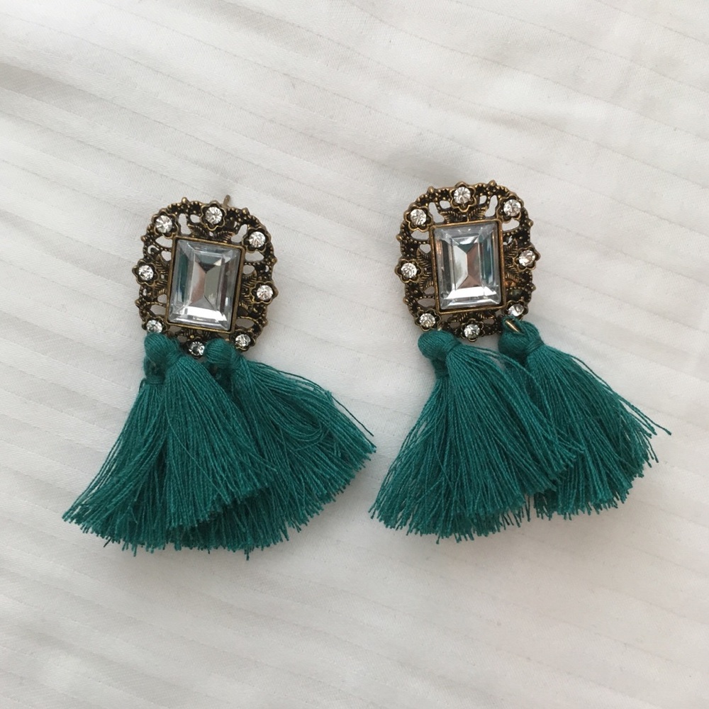 Green tassel statement earrings